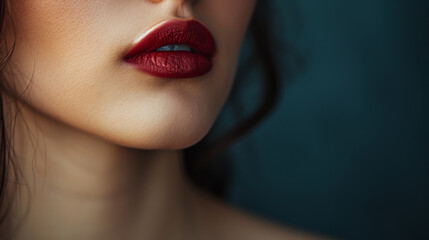 close-up of woman's neck and lips on a dark background 