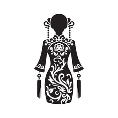 Heritage Woven in Shadows: Traditional Chinese Dress Silhouette Stock Echoing Timeless Elegance - Chinese New Year Silhouette - Chinese Dress Vector
