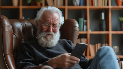 Close-up senior smiling relaxed retired man with beard and glasses sitting comfortably at home on armchair using mobile phone, communication concept