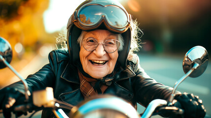 old woman rides a motorbike. generated by ai - obrazy, fototapety, plakaty