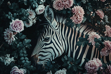 Zebra portrait with fresh flowers and leaves. Creative animal portrait. Generative Ai