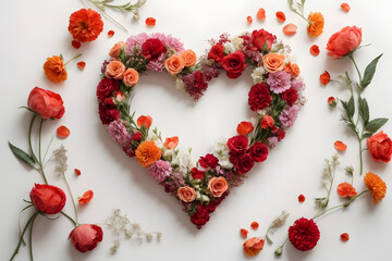 Heart frame created from colorful flowers on white background, romantic and floral background