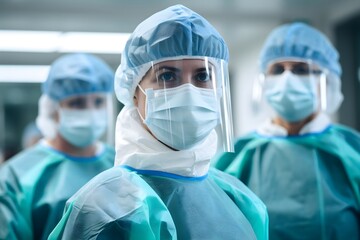Female lady Medical personnel wearing masks standing in a sterile hospital, nurse