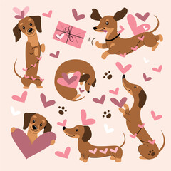 Obraz premium Collection of dachshund dogs with hearts for Valentines day. Vector cartoon doodle illustration
