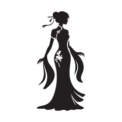 Celestial Harmony Embodied: Exquisite Traditional Chinese Dress Silhouette Portraits Perfect for Stock Enthusiasts - Chinese New Year Silhouette - Chinese Dress Vector Stock
