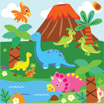 dinosaur cartoon character vector set for school kids Set of jurassic cute design element.