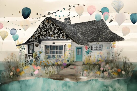 A cottage, highly textured, mixed media collage painting fringe absurdism Award winning halftone pattern illustration 