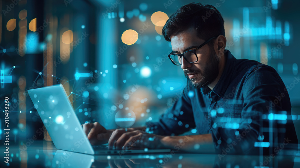Poster man with glasses is working on a laptop in a dimly lit room with a bokeh effect of city lights in th
