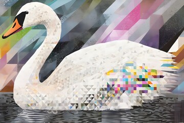 Swan, highly textured, mixed media collage painting, fringe absurdism, Award winning halftone pattern illustration