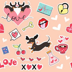 Dachshund dog and pop art elements seamless pattern background for valentines day. Vector illustration