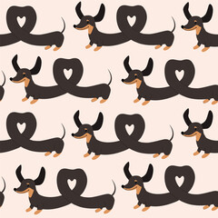 Dachshund dogs in the shape of a heart seamless pattern background. Valentines day. Vector cartoon doodle illustration - 710493422