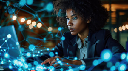 Woman is working intently on a laptop in a dark office environment, surrounded by glowing digital graphics and interface elements