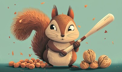 cartoon illustration of a squirrel holding a baseball bat over a nut - obrazy, fototapety, plakaty
