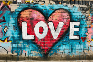 Street art graffiti style Love text with red heart spray painted on wall