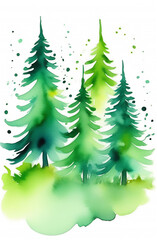 watercolor drawing of green Christmas trees on a white sheet of paper