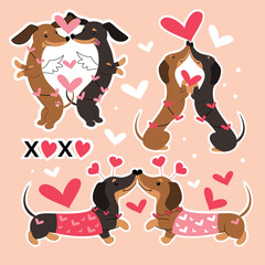 Love set with dachshund dogs and hearts on a pink background. Vector illustration doodle style. valentine's day card. Love animals