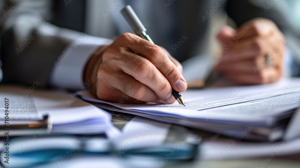 Wall mural Close-up view of a person's hand holding a pen over a pile of paperwork, indicating they are working, signing documents, or reviewing files.