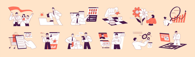 Business concept set. Corporate work in team, teamwork in office. Employees achieve success, solve problems, meeting. Leadership, financial literacy, management. Flat isolated vector illustrations