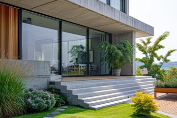 Luxury Grey Villa: Modern Exterior Design with Terrace and Geometric Elements