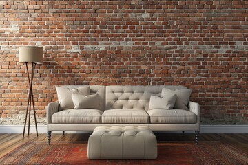 Luxurious Living Room Interior with Ottoman and Floor Lamp against Brick Wall
