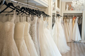 Elegant Hanging Wedding Dresses In Bridal Boutique