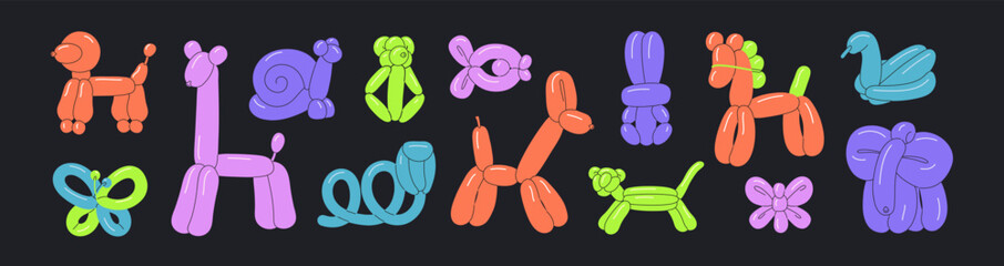 Different animals balloons set. Inflatable beasts for birthday party decor. Rubber toys, helium figures with shape of funny dog, giraffe, horse, snake for kids. Flat isolated vector illustrations