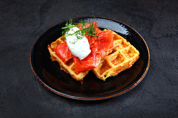 Belgian waffles with red fish. A healthy breakfast. Free space for your text.