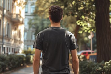 Back View Mock Up Of A Man Wearing A Dark Gray T-Shirt On The Street