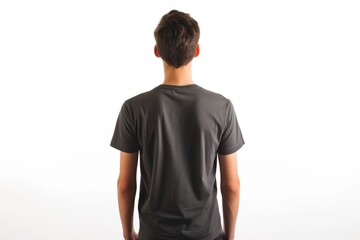 Fototapeta premium Man In Dark Gray Tshirt On White Background, Back View, Mock Up