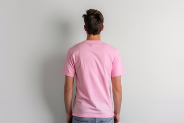 Man In Pink Tshirt On White Background, Back View, Mock Up