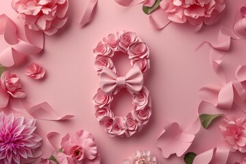 March 8 postcard. Number eight with bow on a pink background, in the style of sculptural paper constructions, delicate flowers, selective focus, futuristic organic.