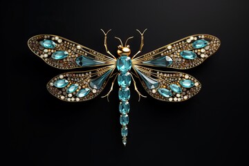 The dragonfly is made of precious metals and stones. Beautiful brooch isolated on black background - obrazy, fototapety, plakaty