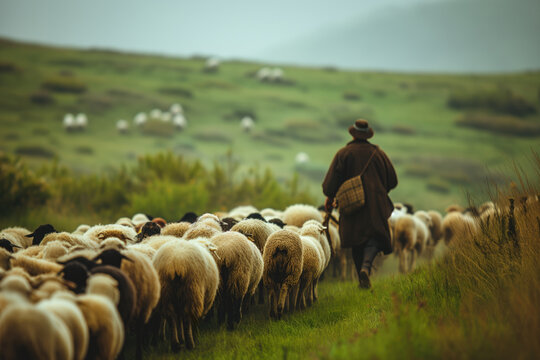 Shepherd Guides Flock Of Sheep