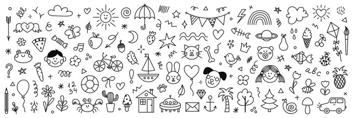 Cute hand drawn doodle set of simple kids decorative elements. Collection of scribble, animal, flower, sun, cloud. Vector illustration