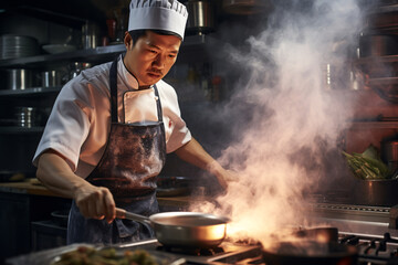 Asian chef cooking in a modern restaurant kitchen