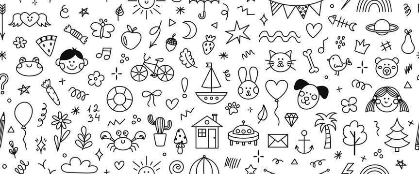 Cute hand drawn doodle vector seamless pattern of simple kids decorative elements. Collection of scribble, animal, flower, sun, cloud