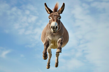 Naklejka na ściany i meble flying donkey against the blue sky. Playful donkey jumping in field. Side View Jumping Donkey.