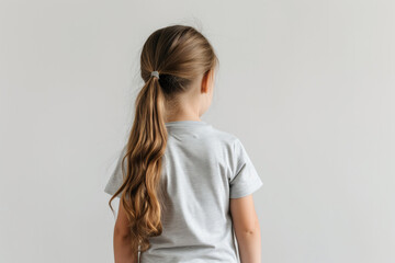 Obraz premium The Little Girl In Light Gray Tshirt On White Background, Back View, Mock Up