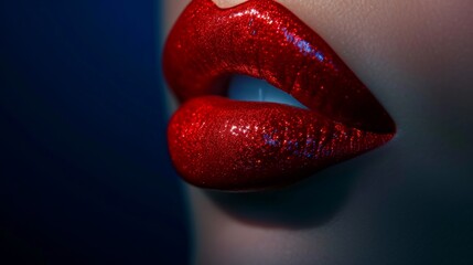 Red lips on a blue background. Beauty industry style illustration. Red lipstick