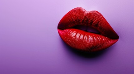 Red lips on a purple background. Beauty industry style illustration. Red lipstick