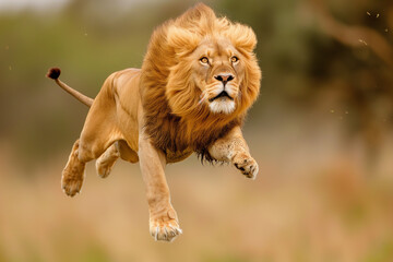 Flying lion in a jump. Big male lion flying in the air. Lion in running, beast king animal.