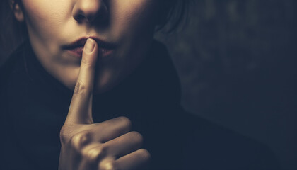 The Silence of Secrecy: A Mysterious Woman Gesturing for Silence with a Finger to Her Lips - obrazy, fototapety, plakaty