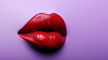 Red lips on a purple background. Beauty industry style illustration. Red lipstick - obrazy, fototapety, plakaty