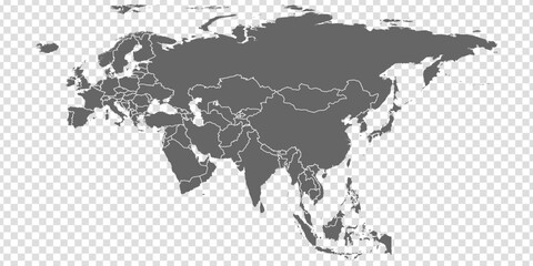 Eurasia Map vector. Gray similar world map blank vector on transparent background.  Gray similar Eurasia map with borders of all countries  and Countries of the UK. Quality Eurasia map.  - obrazy, fototapety, plakaty