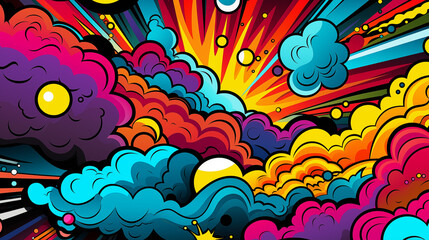Comics illustration, retro and 90s style, pop art pattern, abstract crazy and psychedelic background. Generative AI