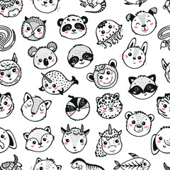Fototapeta premium Cute Animal Heads Seamless Pattern. Cartoon Funny Baby Animals Faces. Childish Background. Black and White Vector Illustration