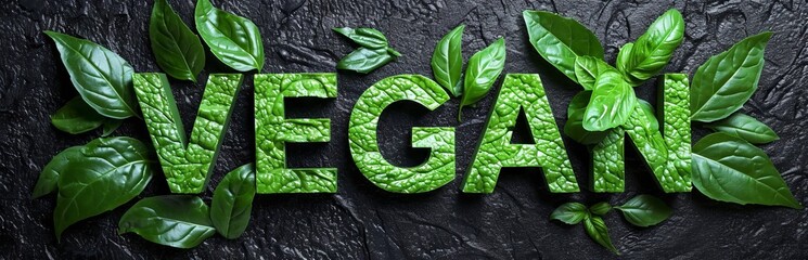 The word "VEGAN" is written in voluminous letters against the backdrop of a green hedge. Concept: environmentally friendly products. Banner with informational text
