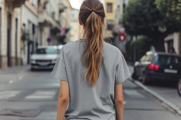 Woman In Grey Tshirt On The Street, Back View, Mock Up