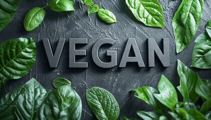 The word "VEGAN" is written in voluminous letters against the backdrop of a green hedge. Concept: environmentally friendly products. Banner with informational text

