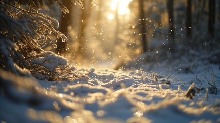 A picturesque winter morning in a forest, small snowdrifts in sharp focus, light snow gently falling, and the early sun illuminating the scene with a golden hue ,winter forest in the morning